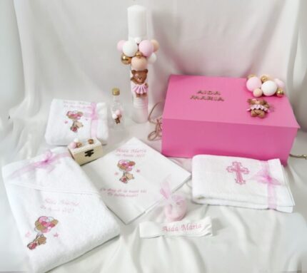 Set Trusou Botez Personalizat Ursulet roz parafina
